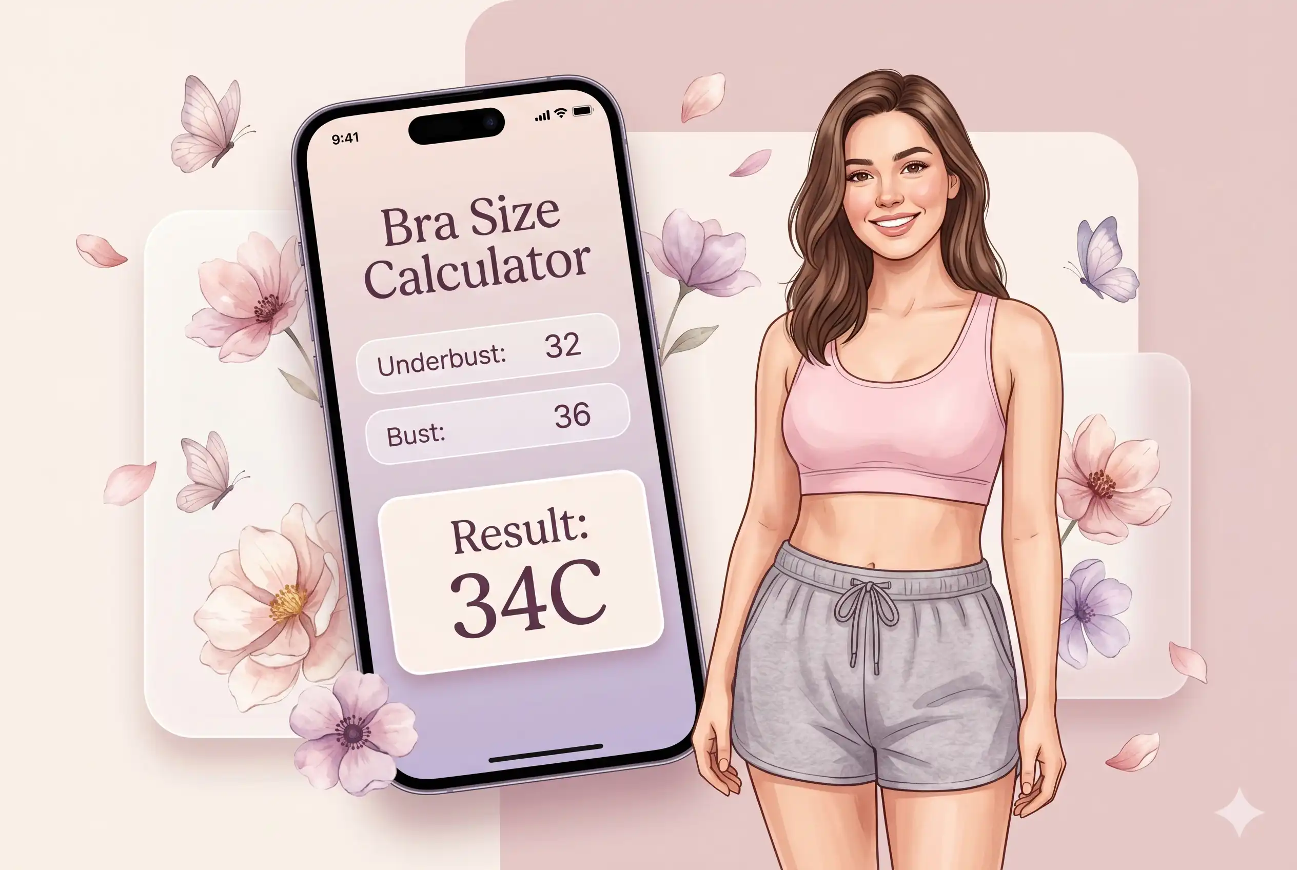 Bra Size Calculator US showing underbust, bust measurements and estimated bra size result.