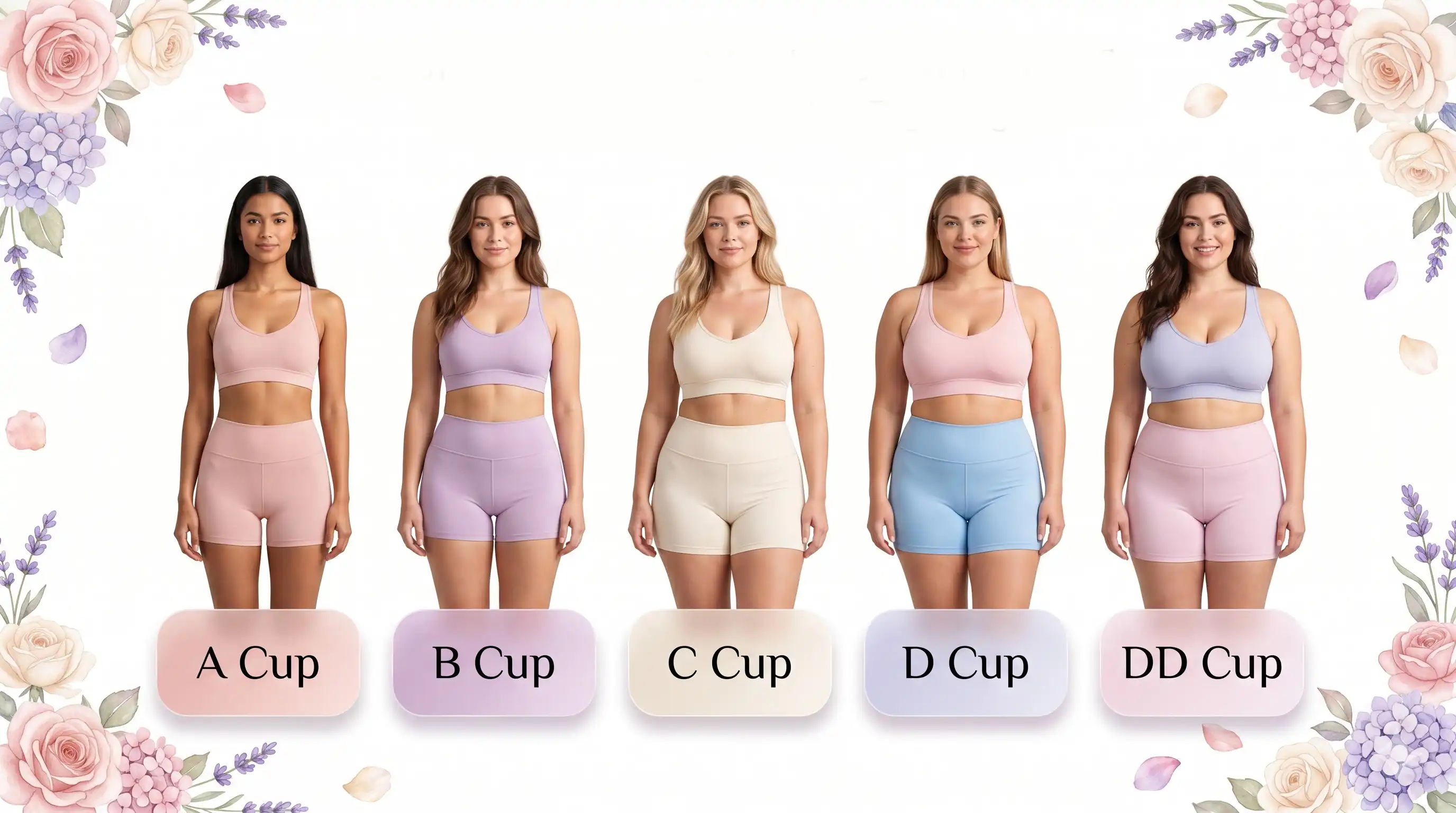 US bra size chart with simple illustrations showing A, B, C, D and DD cup sizes.