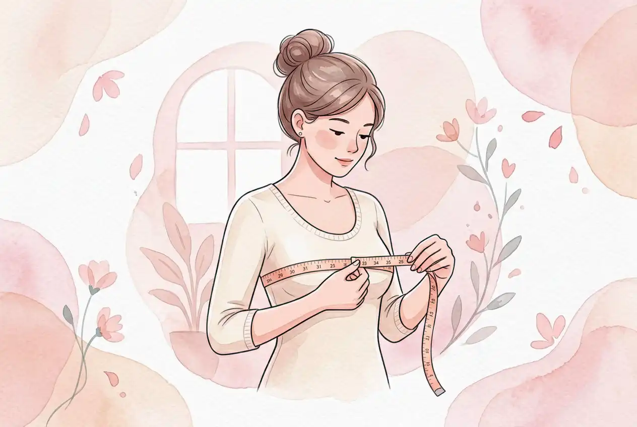 Woman measuring the fullest part of her bust with a tape measure for bra size calculation.