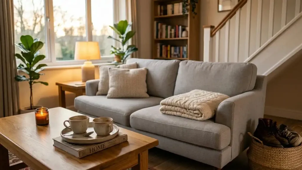 A cozy living room with a clear coffee table, folded blanket, and neatly arranged pillows after a quick 10-minute evening tidy-up.