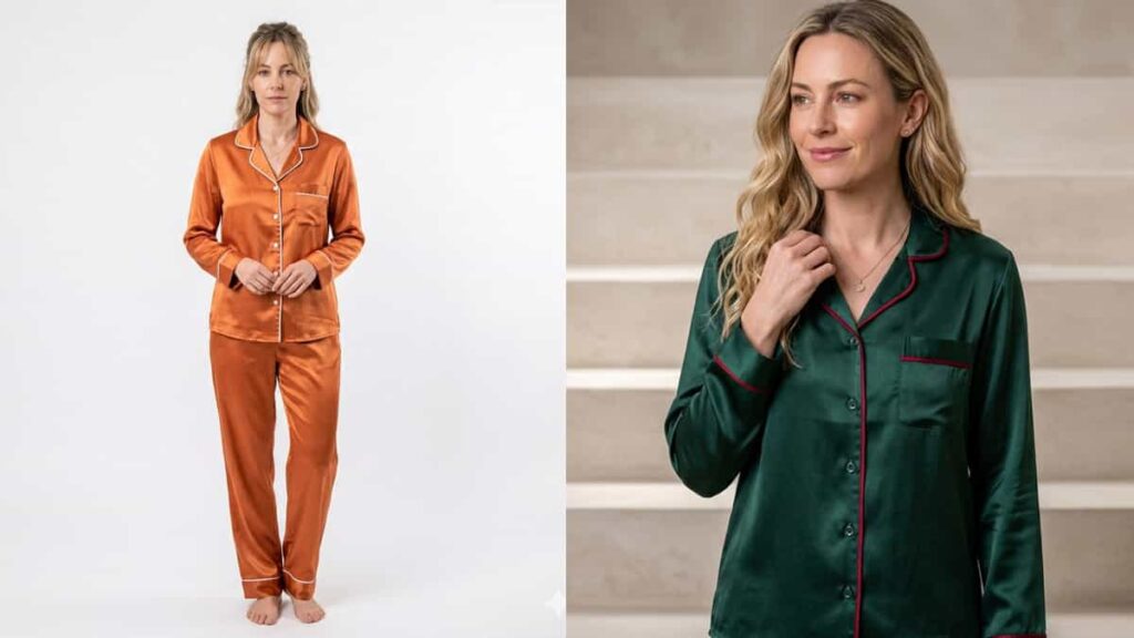 Women's long-sleeve button-up pajama set with classic white piping trim