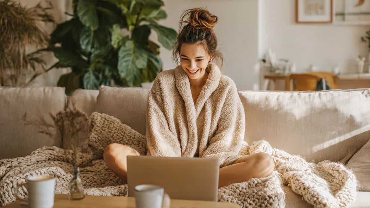 Woman wearing cozy beige loungewear set relaxing on a sofa with a cup of coffee