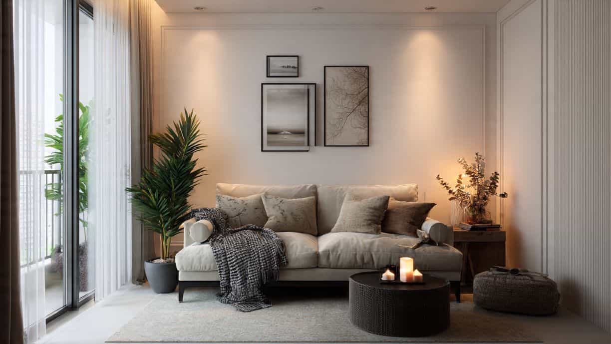 Small living room with warm white walls, a neutral sofa with visible legs, layered lighting, and soft textures for a cozy apartment feel