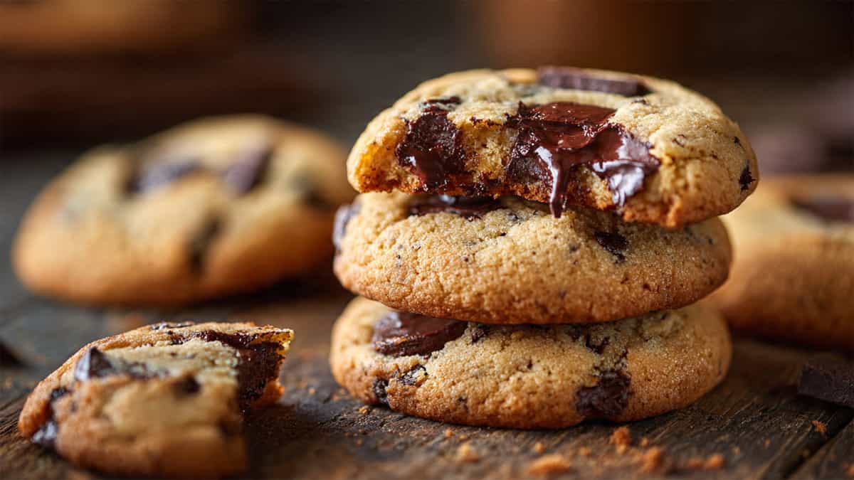 Soft and chewy chocolate chip cookies with melted chocolate center