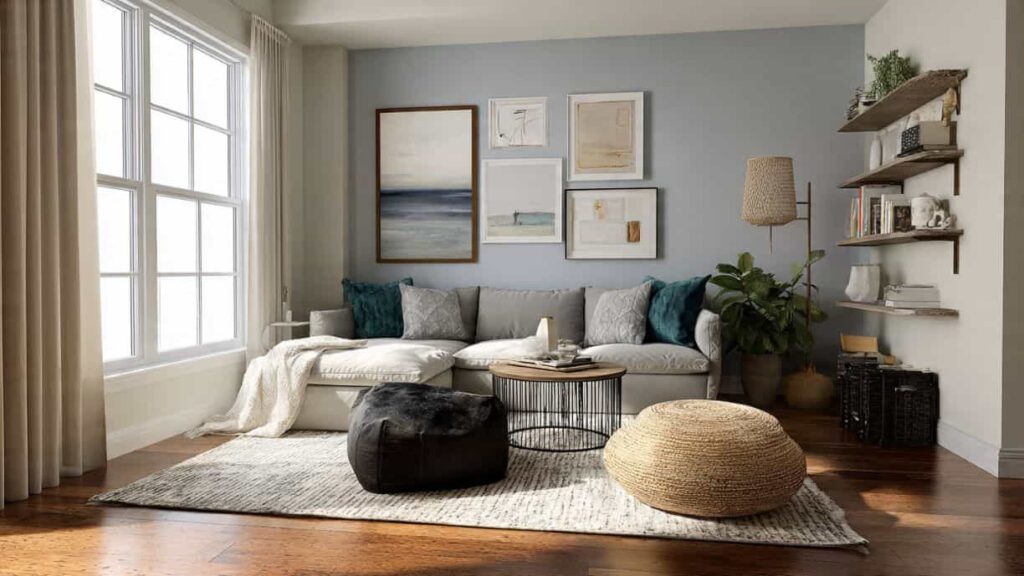 Small living room with sofa floated away from the wall and defined seating area with a layered rug