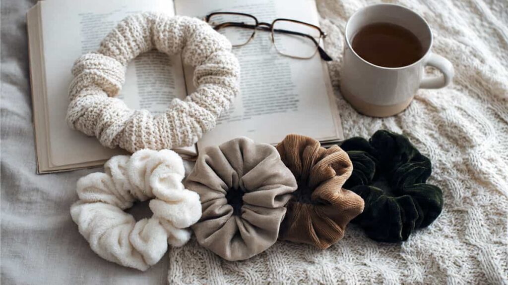 Soft knit headband and oversized velvet scrunchies in neutral tones arranged on a beige throw blanket
