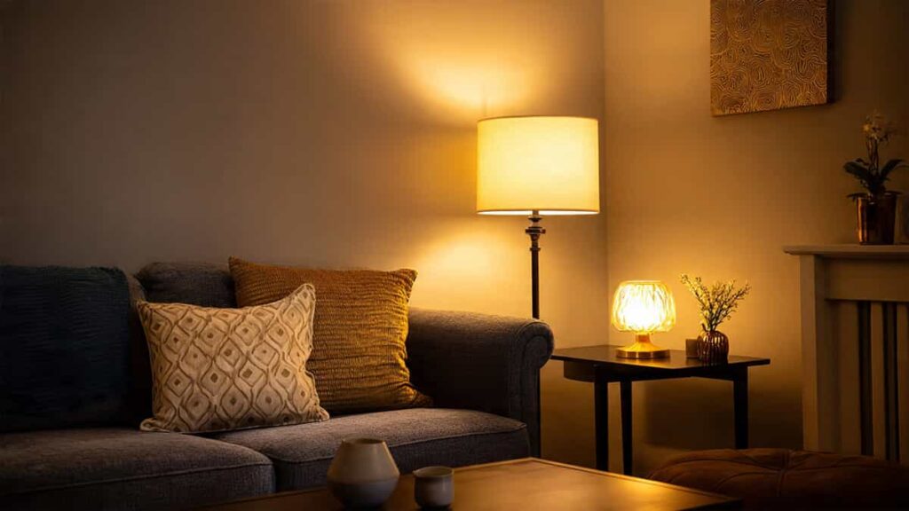 Small living room with floor lamp, table lamp, and battery-operated wall sconce creating layered warm lighting
