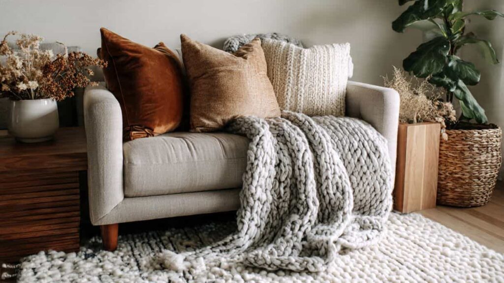 Small living room with plush wool area rug, velvet throw pillows, and chunky knit blanket draped on a neutral sofa