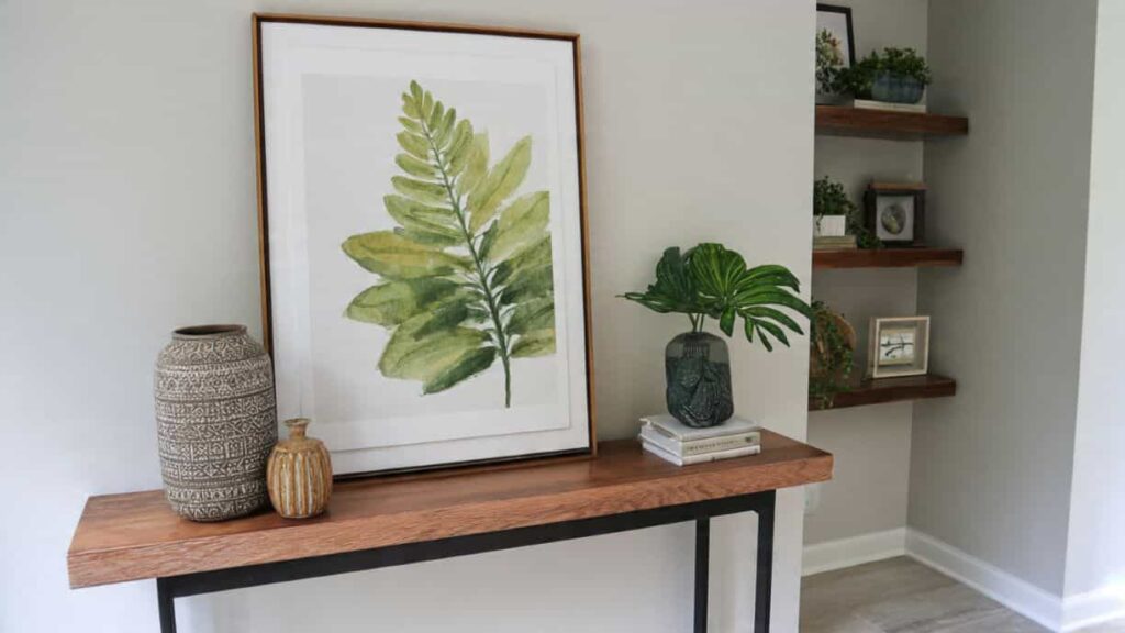 Oversized framed botanical print leaned casually on a floating shelf above a small console table