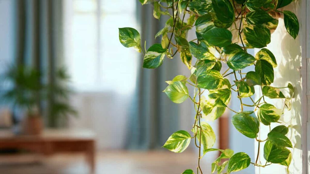 Pothos plant trailing from pot near window easy indoor vine plant