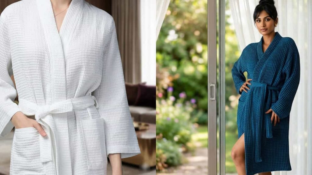 Plush cream waffle knit robe hanging on a wooden hook near a window