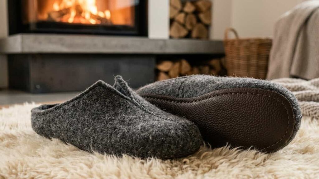 Pair of soft boiled wool felt house slippers with non-slip sole