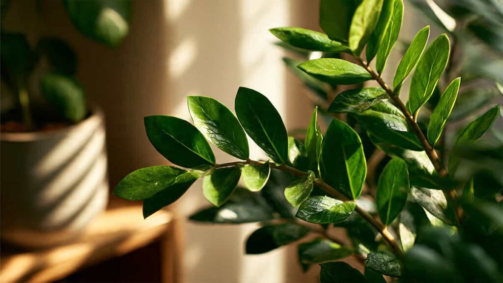 ZZ plant with glossy green leaves indoor office low maintenance plant