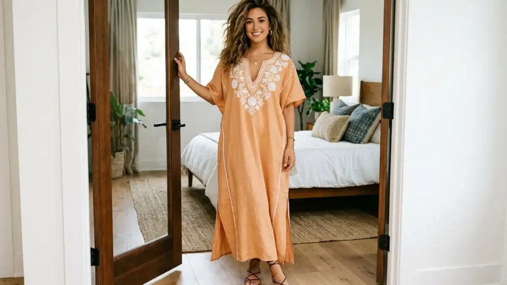 Young woman with highlighted brown hair wearing a loose apricot floor-length kaftan with white embroidery, standing by a modern bedroom door, black strappy sandals