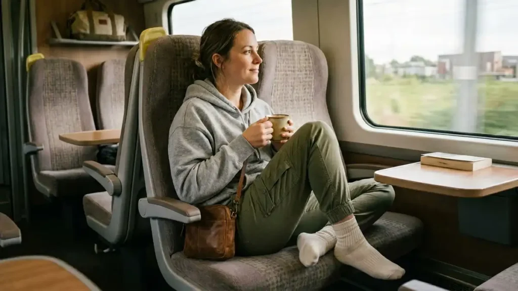 Woman sitting cross-legged on a train seat wearing a grey hoodie and olive joggers while holding a warm drink