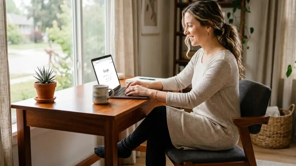 Woman in oatmeal ribbed tunic dress and leggings sitting at a polished mahogany desk, typing on laptop – comfy work from home outfit