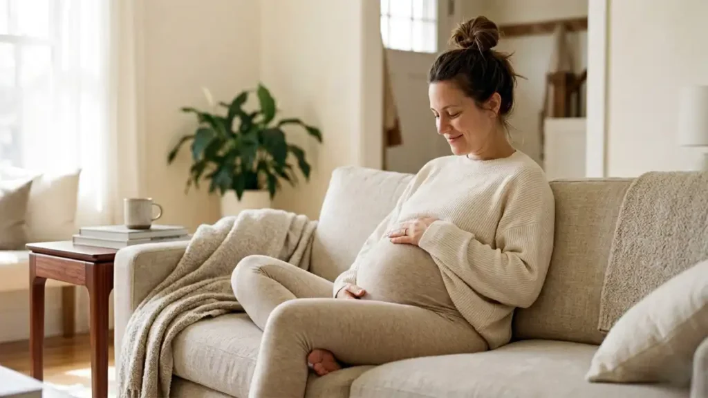 Pregnant woman in cream sweater and beige leggings sitting sideways on a linen sofa, gentle smile, natural window light