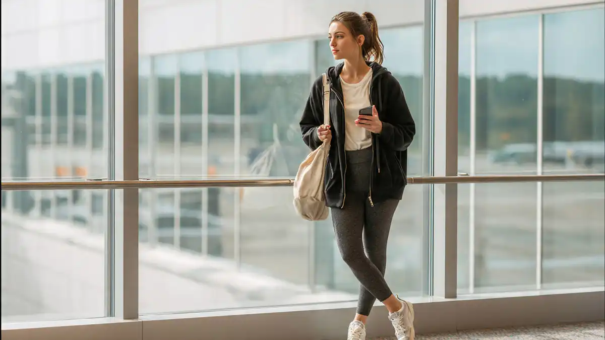 Woman in a black zip-up hoodie, white tee, and grey leggings standing by a large airport window with a canvas bag