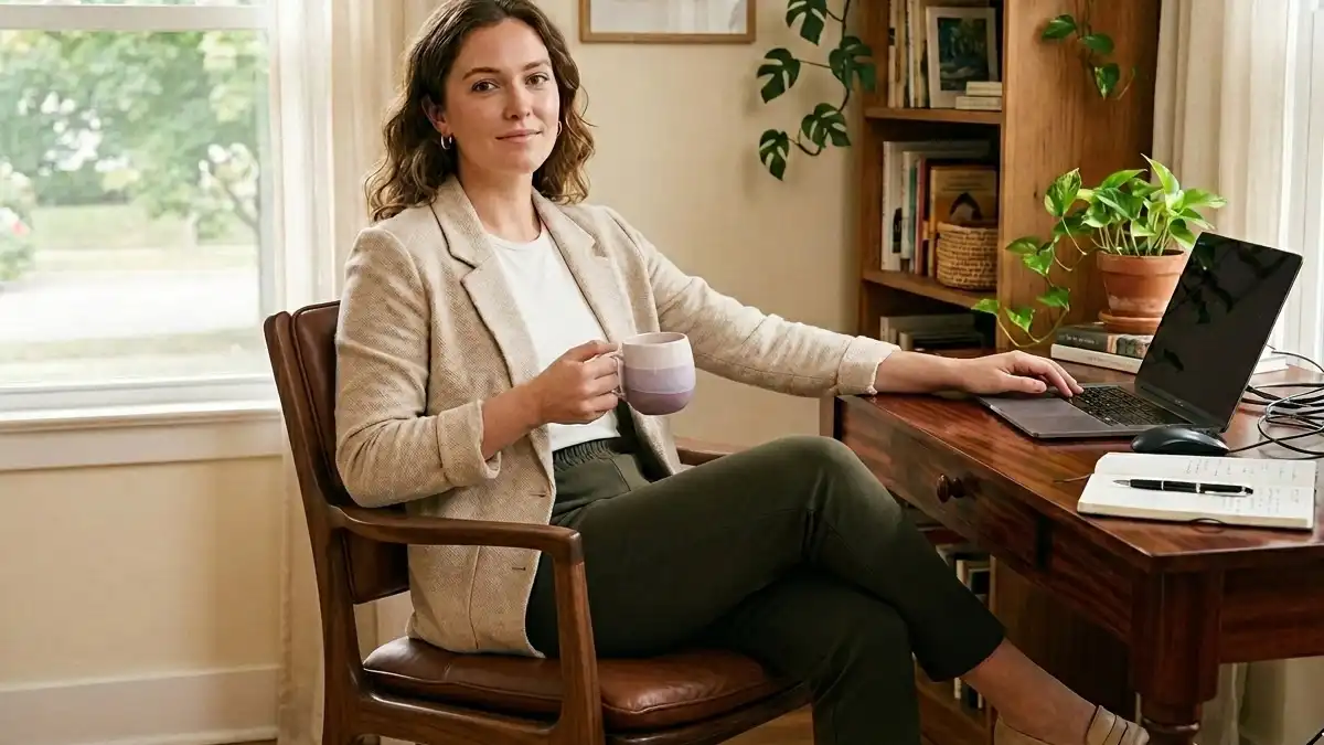 Woman in oatmeal knit blazer and olive ponte pants sitting at a home desk, typing on laptop, soft morning light