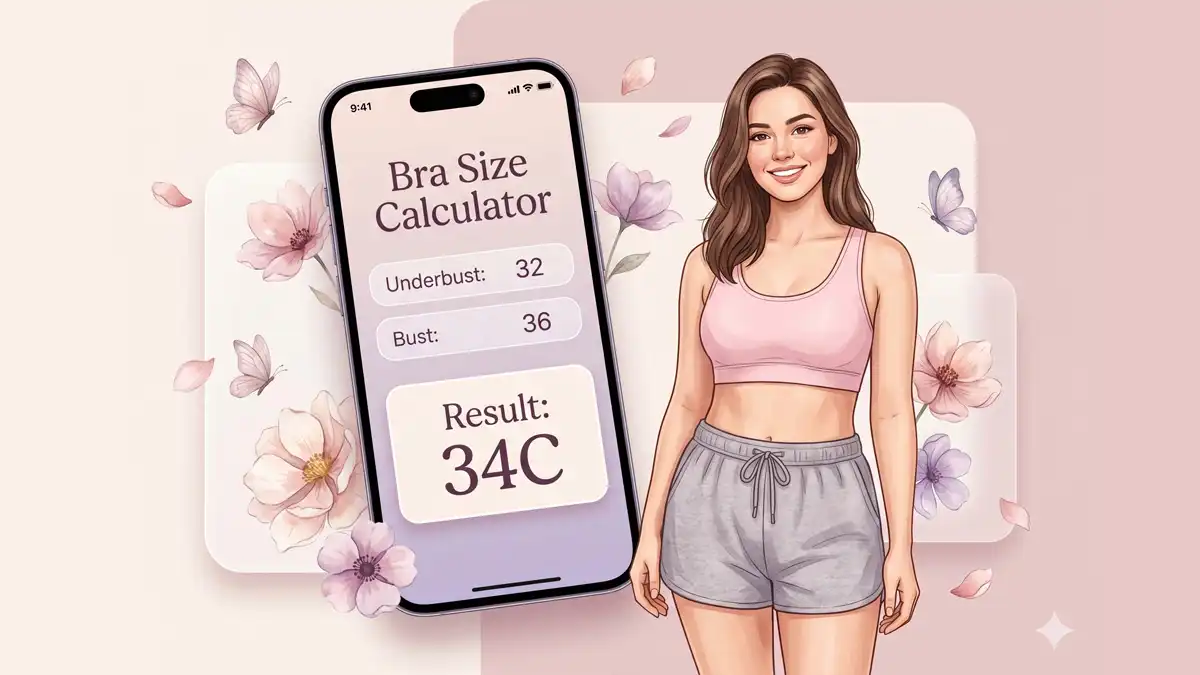 Bra Size Calculator (US) launch banner showing a woman using a free online bra size calculator with instant results and no app required.