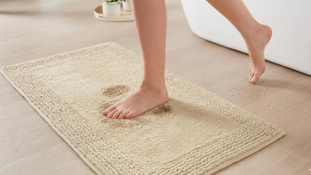 Plush cotton bath rug in a modern, spa-inspired bathroom featuring subway tiles and a freestanding tub.