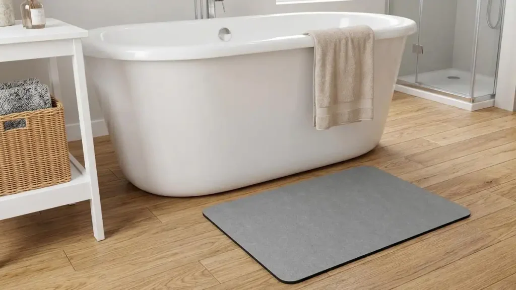 A grey rectangular diatomaceous earth stone bath mat on a light wood floor in a luxury bathroom with a freestanding tub and walk-in shower.