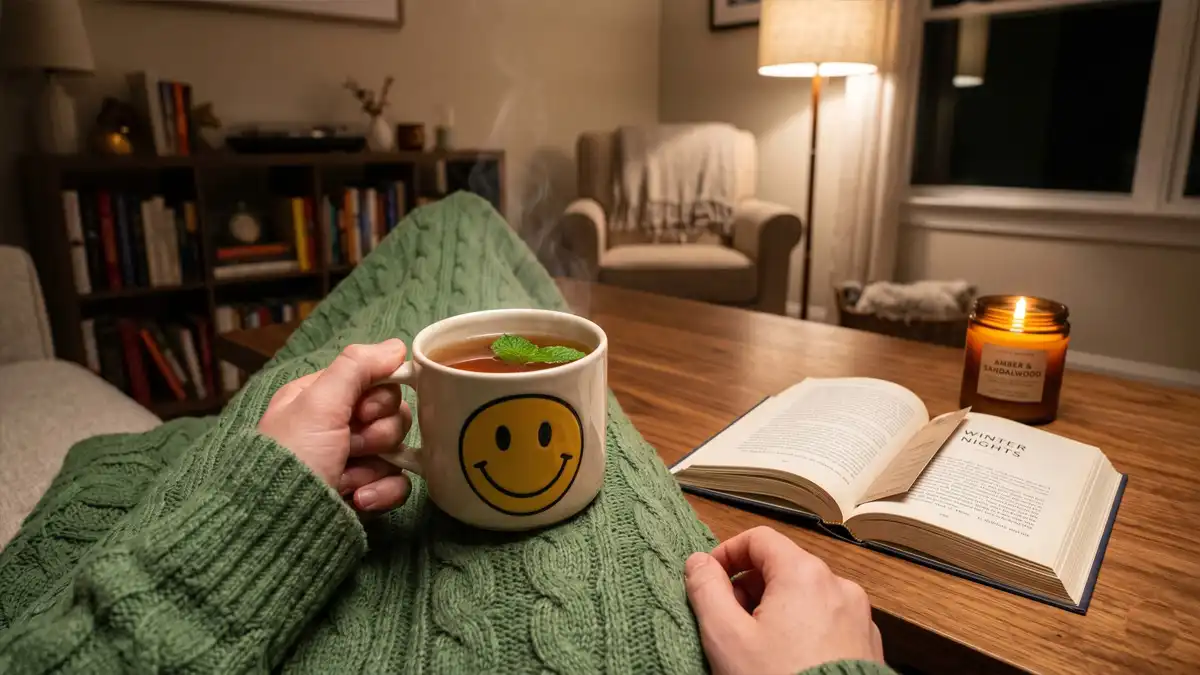 First-person view of holding a warm mug of tea during a cozy evening relaxation routine at home.