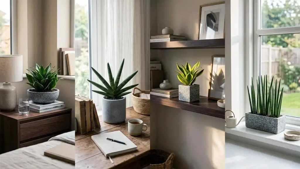 Small snake plants styled at home, including Bird's Nest, Starfish Boncel, Golden Hahnii, and Cylindrica varieties placed naturally in different rooms.