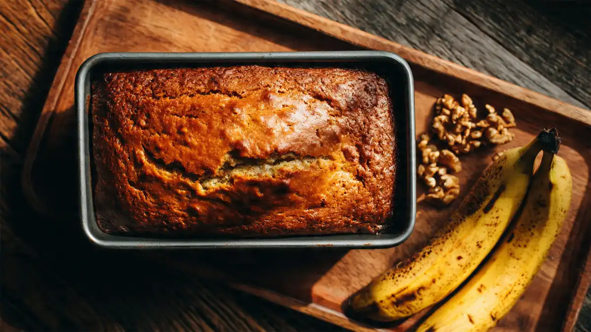 A moist and fluffy banana bread loaf with a golden brown crackled top, resting on a wooden counter next to ripe bananas.