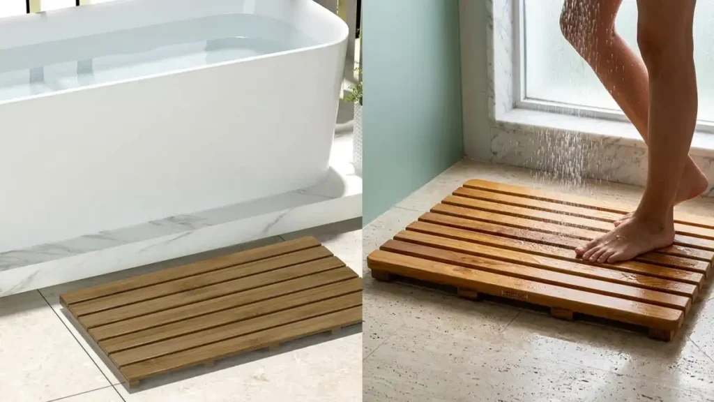 A dual-use wooden bath mat shown in two settings: on the left, placed outside a water-filled bathtub, and on the right, placed inside a walk-in shower with running water over bare feet to demonstrate its versatile, quick-drying placement options.