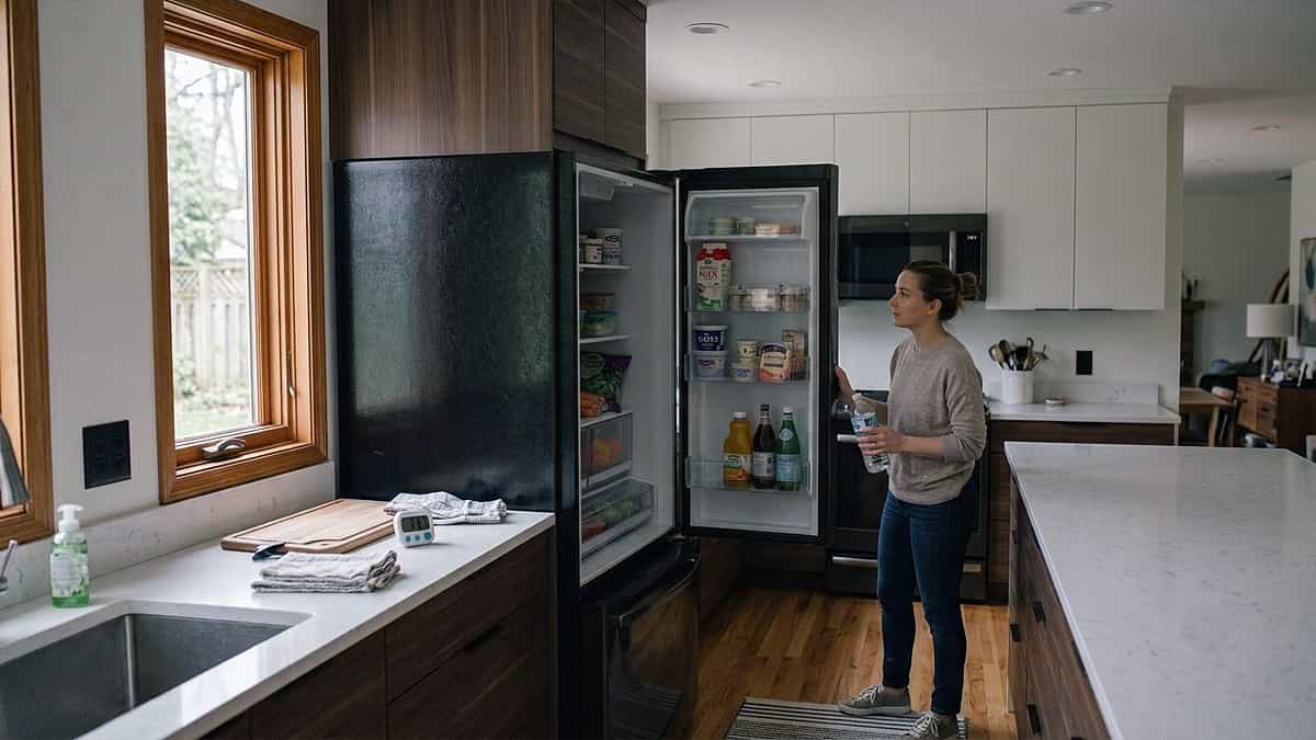 A woman standing in a kitchen looking inside an open refrigerator door checking food safety during a power outage.