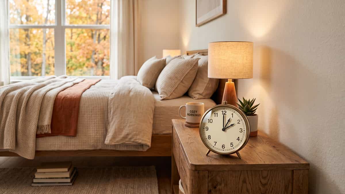 Bedside clock showing the 2026 fall back date in a cozy bedroom