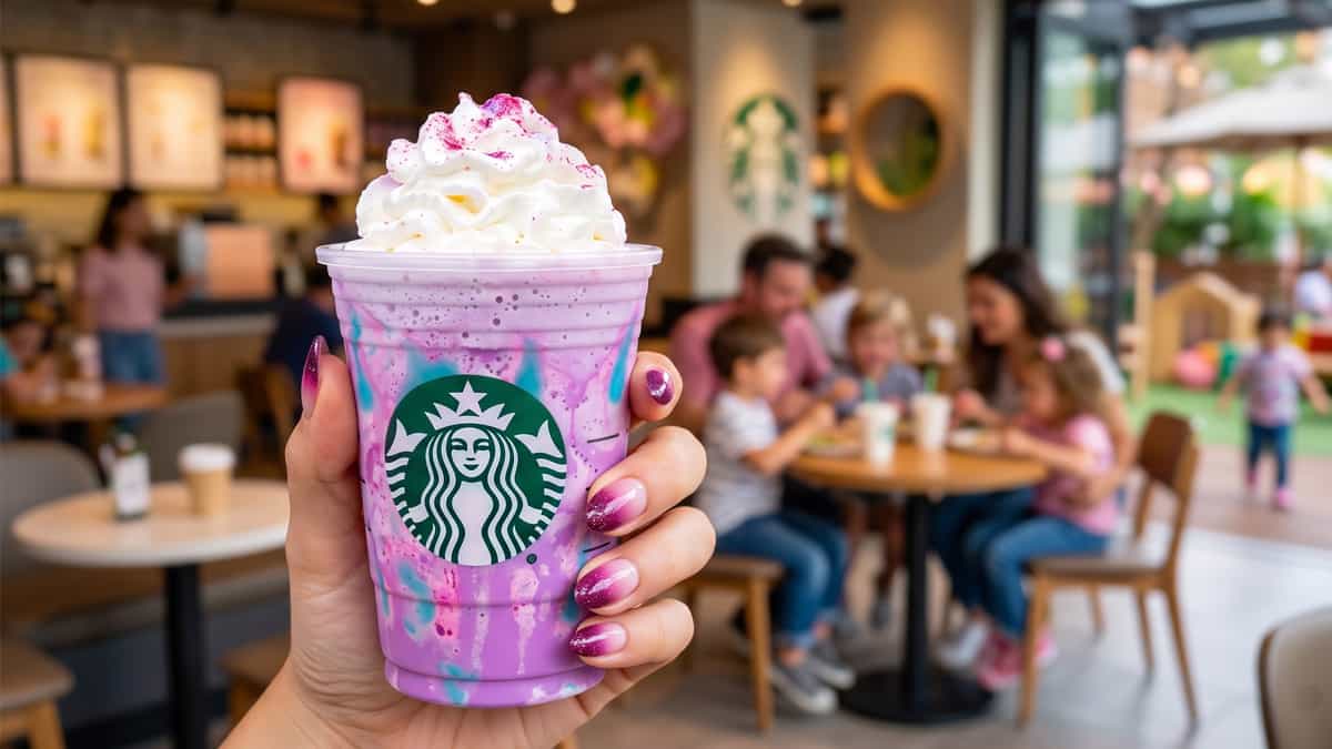A hand with magenta ombre glitter nail art holding a Starbucks Unicorn Frappuccino inside a blurred café filled with families.