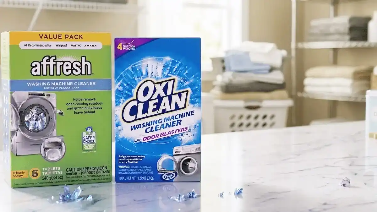 Side-by-side comparison of Affresh and OxiClean washing machine cleaner boxes placed on a countertop in a laundry room environment.