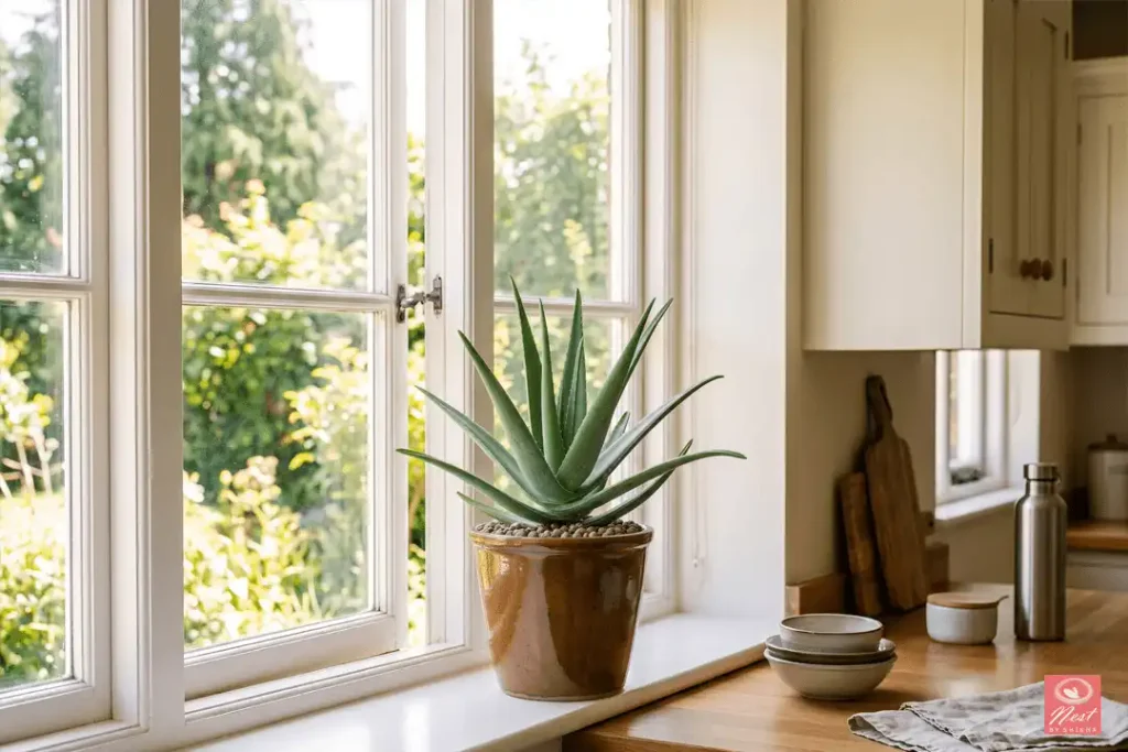 Aloe vera plant in a pot on a sunny kitchen windowsill with natural light
