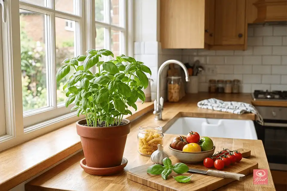 Fresh Basil plant growing on a sunny kitchen windowsill near a food preparation area

