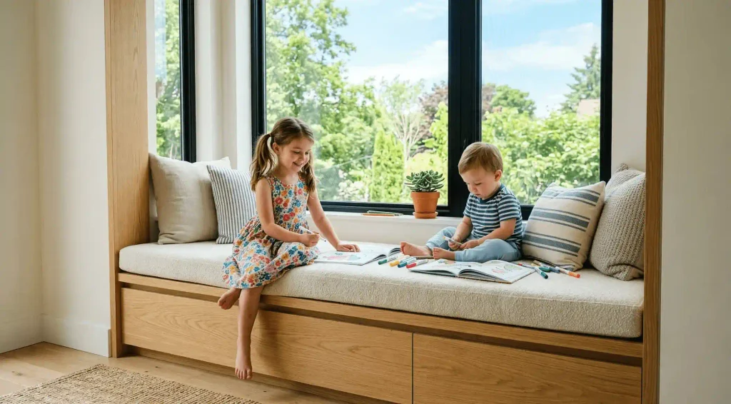 A young boy reading a book and a baby playing with wooden toys on a cozy built-in window seat featuring colorful cushions and large bay windows looking into a garden.