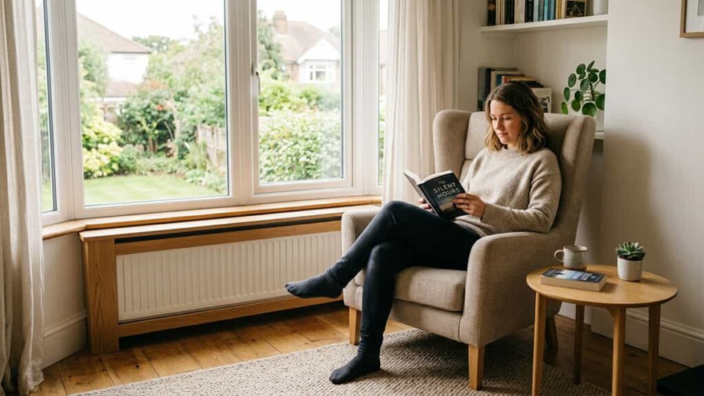 Woman reading in a supportive upholstered chair beside a window in a simple home reading nook.