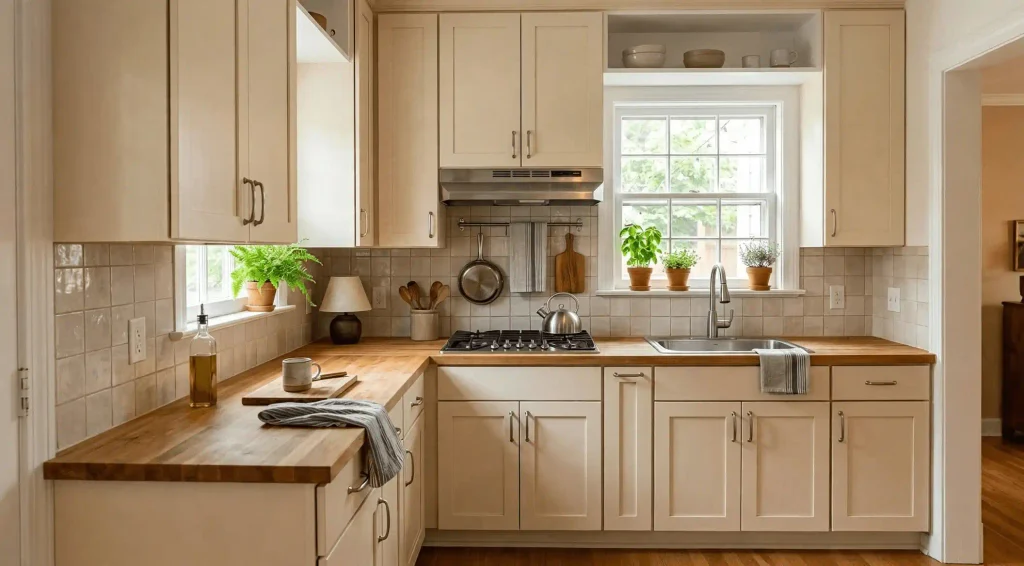 Bright and cozy L-shaped kitchen with cream cabinets, wooden butcher block countertops, gas stove with kettle, stainless steel sink under window, and potted green plants on windowsills