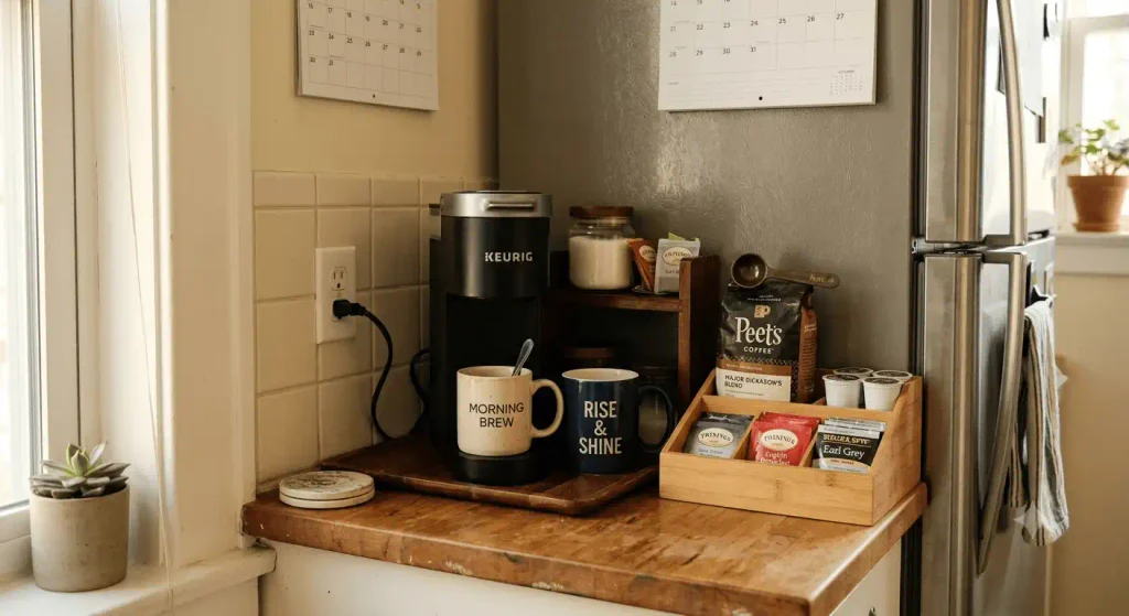 A small, organized coffee and tea station set on a wooden countertop next to a refrigerator, featuring a single-serve coffee maker, favorite everyday mugs, tea bags, and warm morning light streaming through a nearby window.