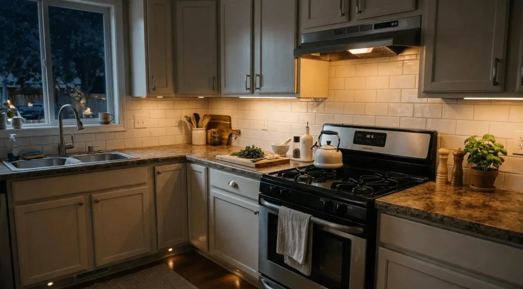 A modern kitchen at night with warm under-cabinet lighting illuminating light grey cabinets, white subway tile backsplash, a stainless steel stove with a white tea kettle, and a wooden cutting board with fresh herbs.   