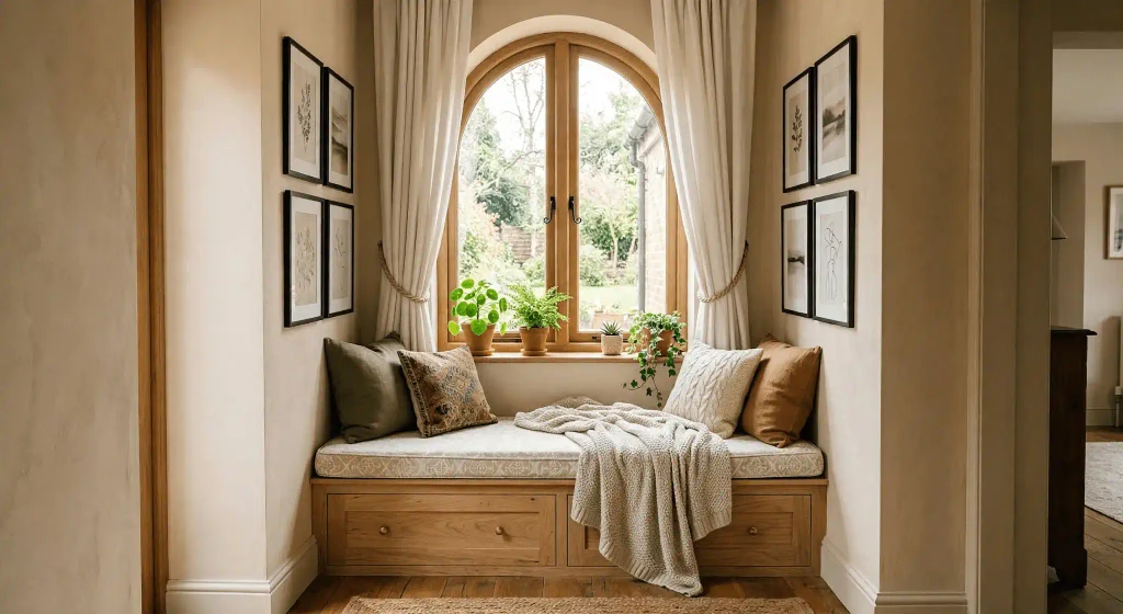 A cozy wooden window seat nook featuring a cushioned bench, throw pillows, a knit blanket, potted plants on the arched window sill, and framed wall art on both sides.