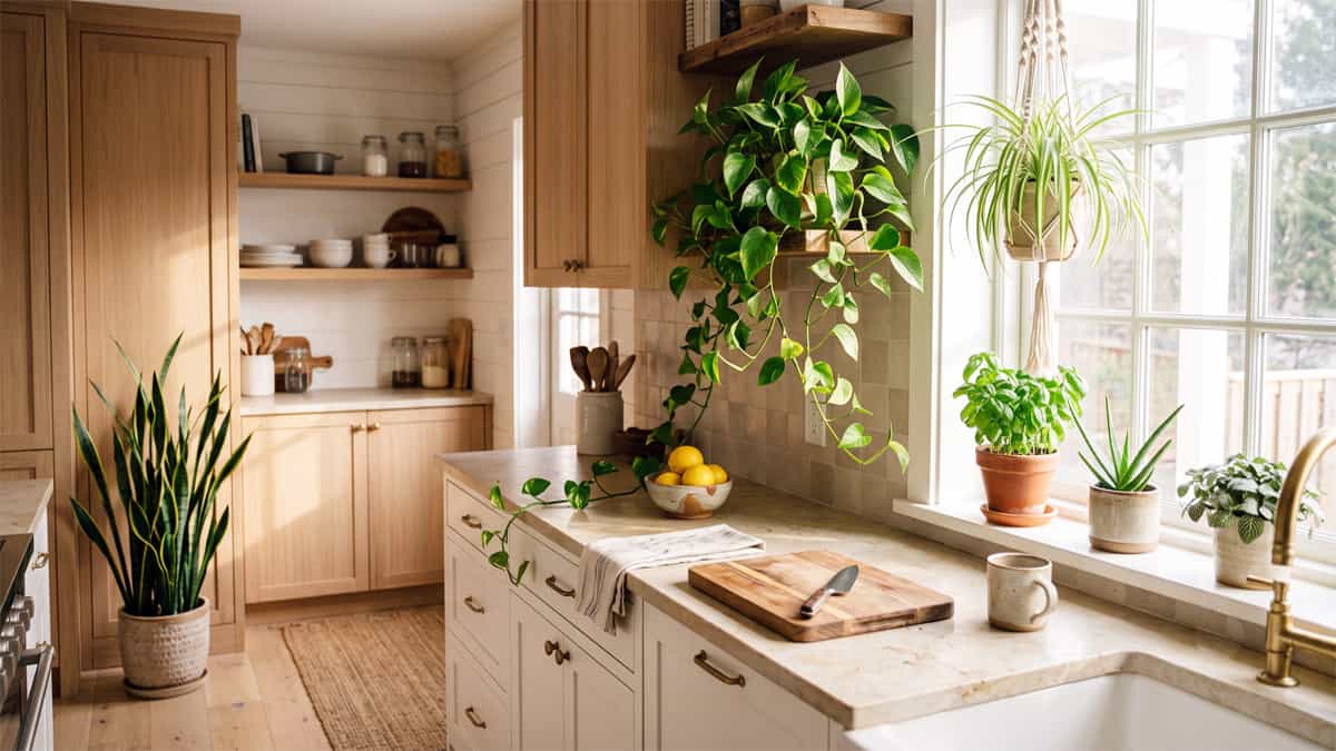 Houseplants in a bright kitchen with Pothos, Spider Plant, Aloe Vera, Basil and Snake Plant