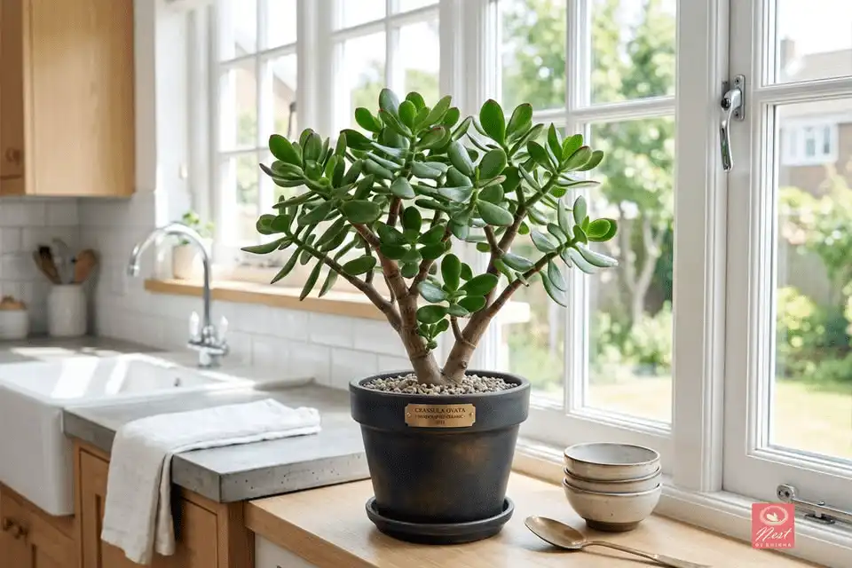 Jade Plant with thick oval leaves growing on a bright kitchen windowsill
