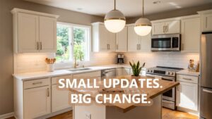 Modern kitchen featuring white shaker cabinets, dual globe pendant lights over a wood-top island, white subway tile backsplash, and stainless steel appliances with text overlay reading "SMALL UPDATES. BIG CHANGE
