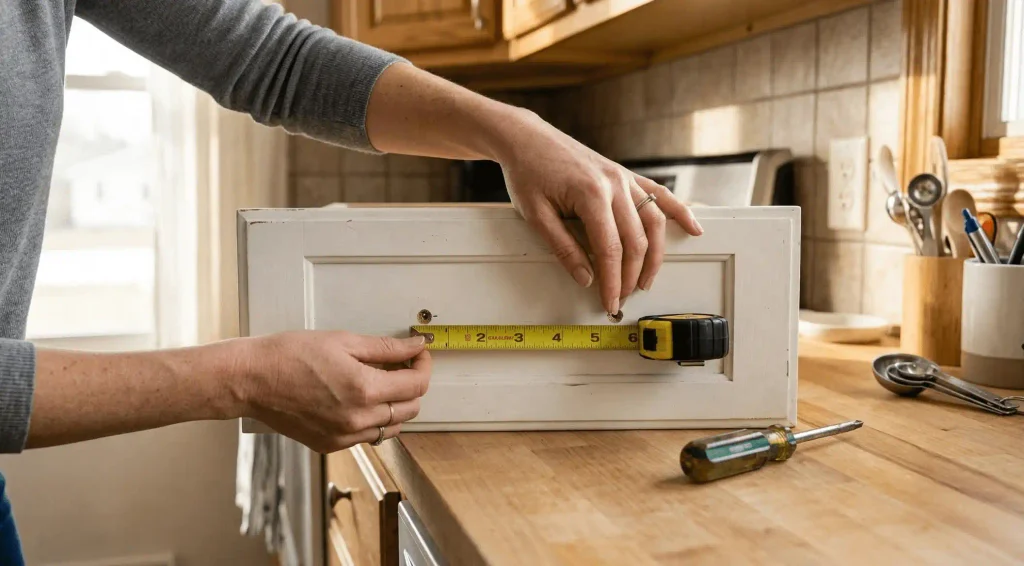 A person using a paint roller to apply cream paint to a kitchen wall near paint color swatches and a countertop.
