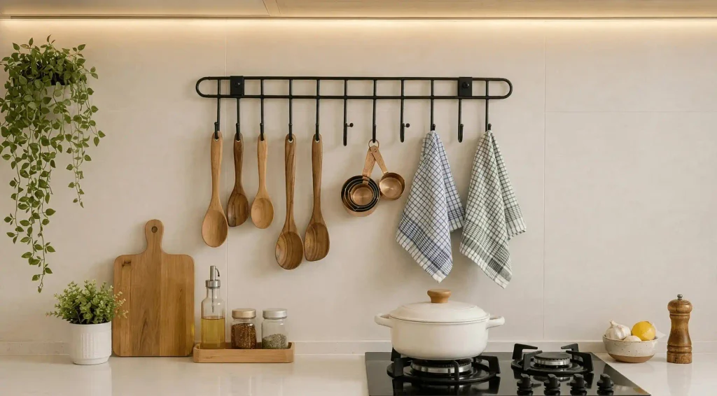 A clean, modern kitchen counter featuring a wall-mounted black rack hanging wooden spoons, copper measuring cups, and kitchen towels next to a stovetop.