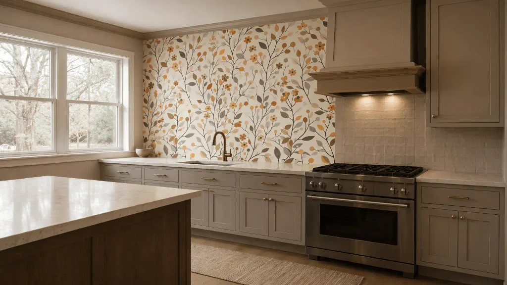 A bright modern cottage kitchen featuring a colorful floral wallpaper accent wall with orange, yellow and green flowers and leaves, light taupe grey shaker cabinets with brass handles, a brass gooseneck faucet, white quartz countertops, a stainless steel gas range with custom hood, large double windows with natural light, and a wooden kitchen island.