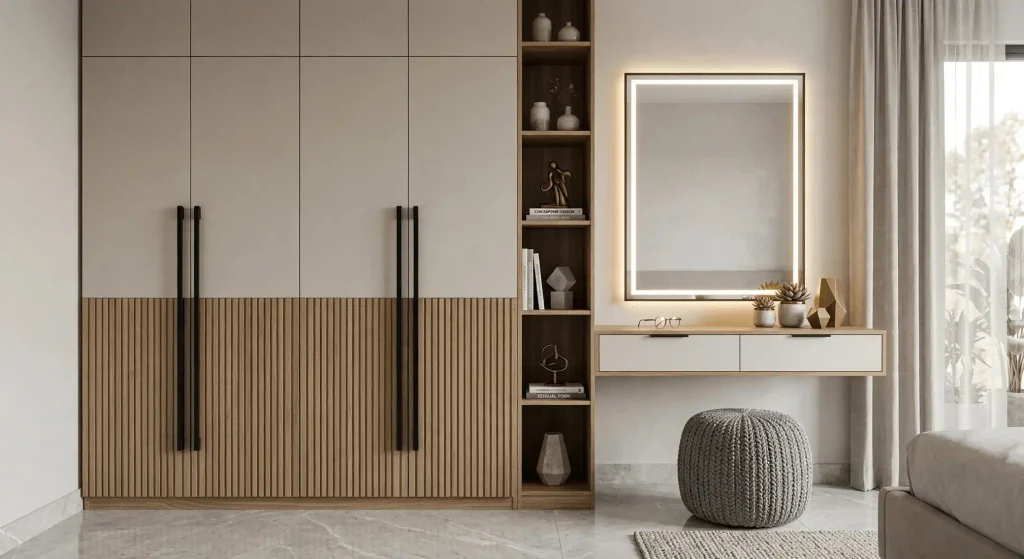 Modern modern wardrobe with fluted wooden lower paneling, long black handles, open side shelves, and an illuminated vanity mirror with a floating desk setup