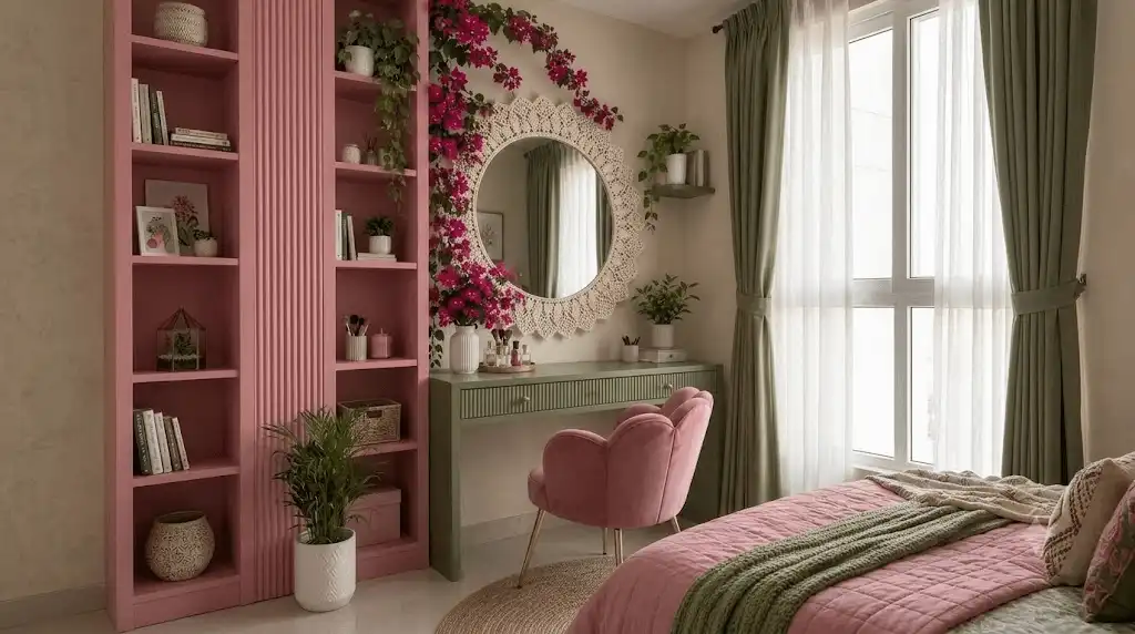 A cozy bedroom corner featuring an olive green vanity desk, a petal-shaped pink velvet chair, a macramé round mirror with pink bougainvillea vines, and a matching dusty pink bookcase.